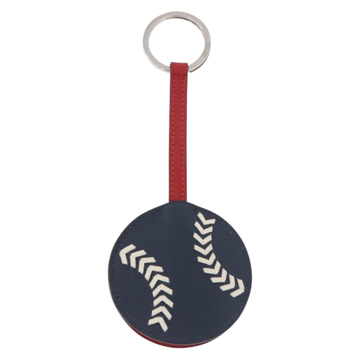 HERMES Baseball Key Ring Leather Navy Silver Auth bs35720V