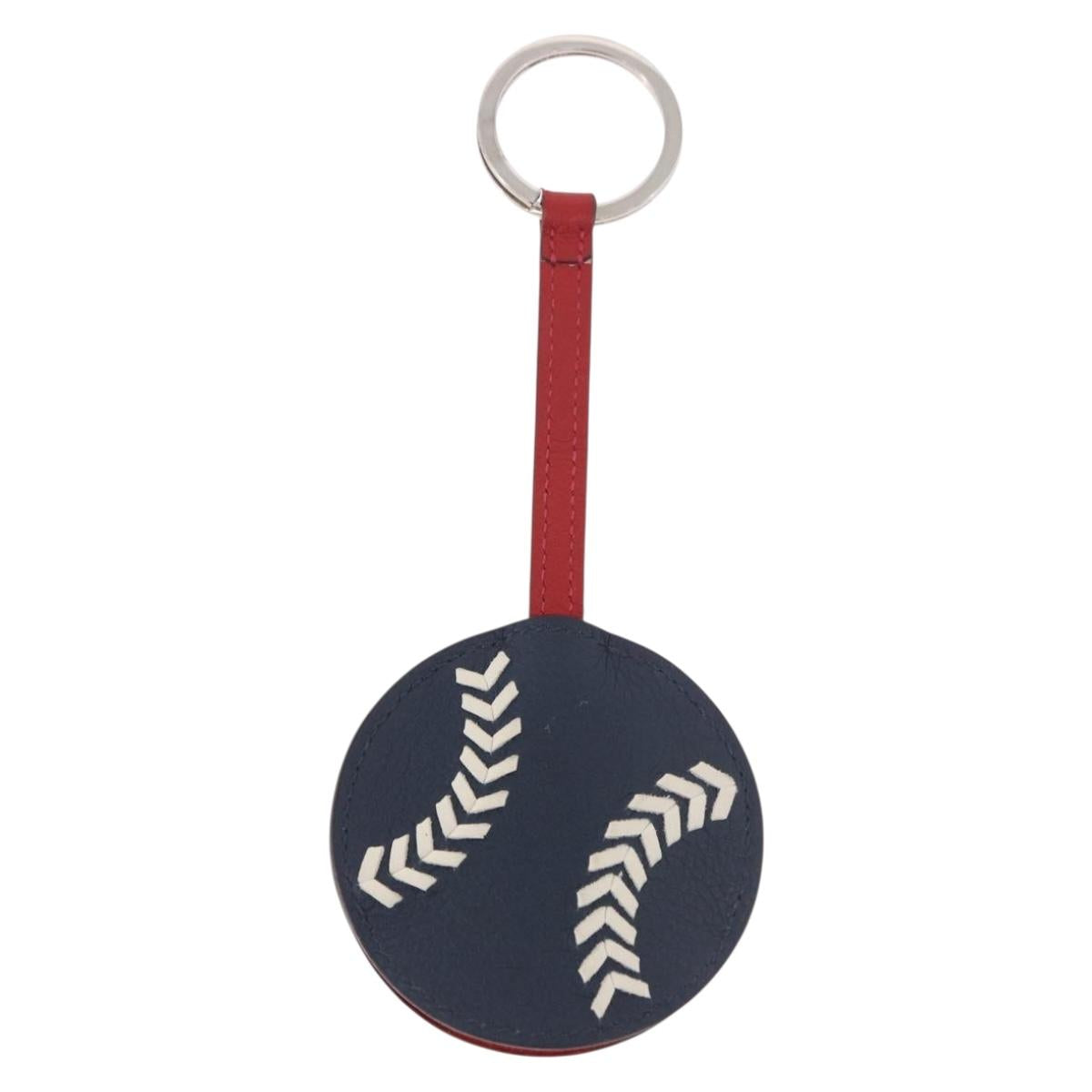 HERMES Baseball Key Ring Leather Navy Silver Auth bs35720V