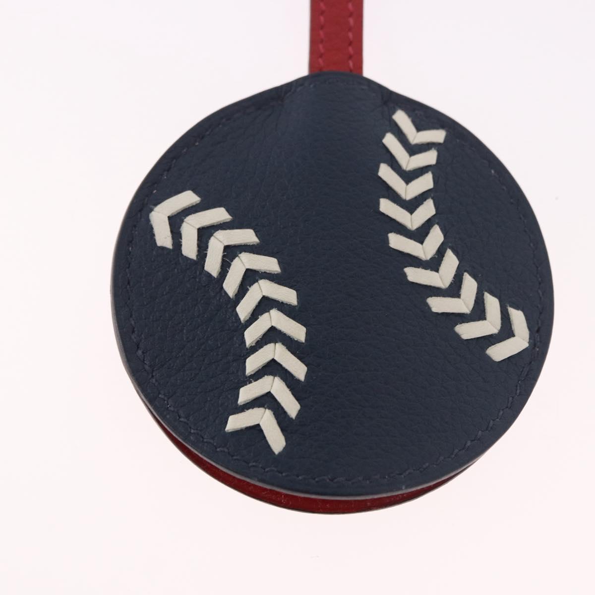 HERMES Baseball Key Ring Leather Navy Silver Auth bs35720V