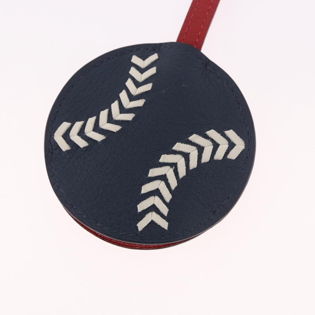 HERMES Baseball Key Ring Leather Navy Silver Auth bs35720V