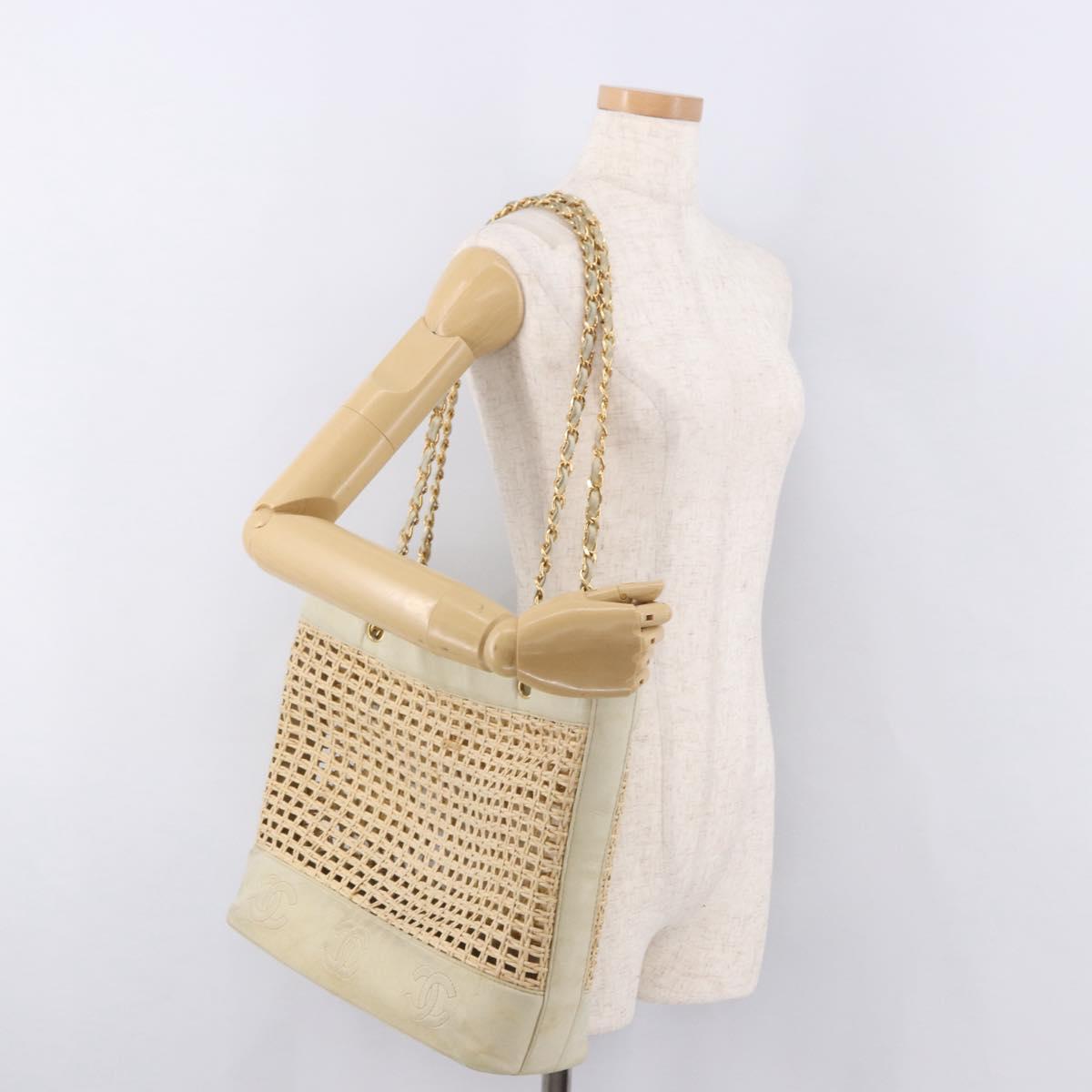 CHANEL Triple Coco Chain Tote Bag Raffia Beige Gold CC Auth bs35742A