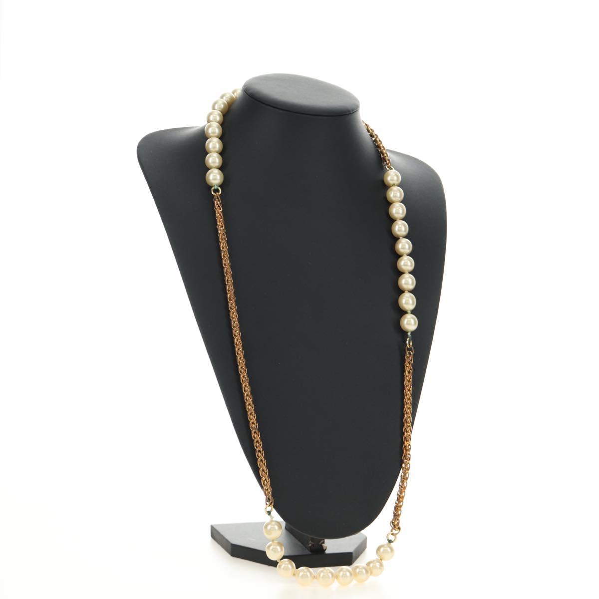 CHANEL Necklace Metal Pearl Gold White CC Auth bs35757V