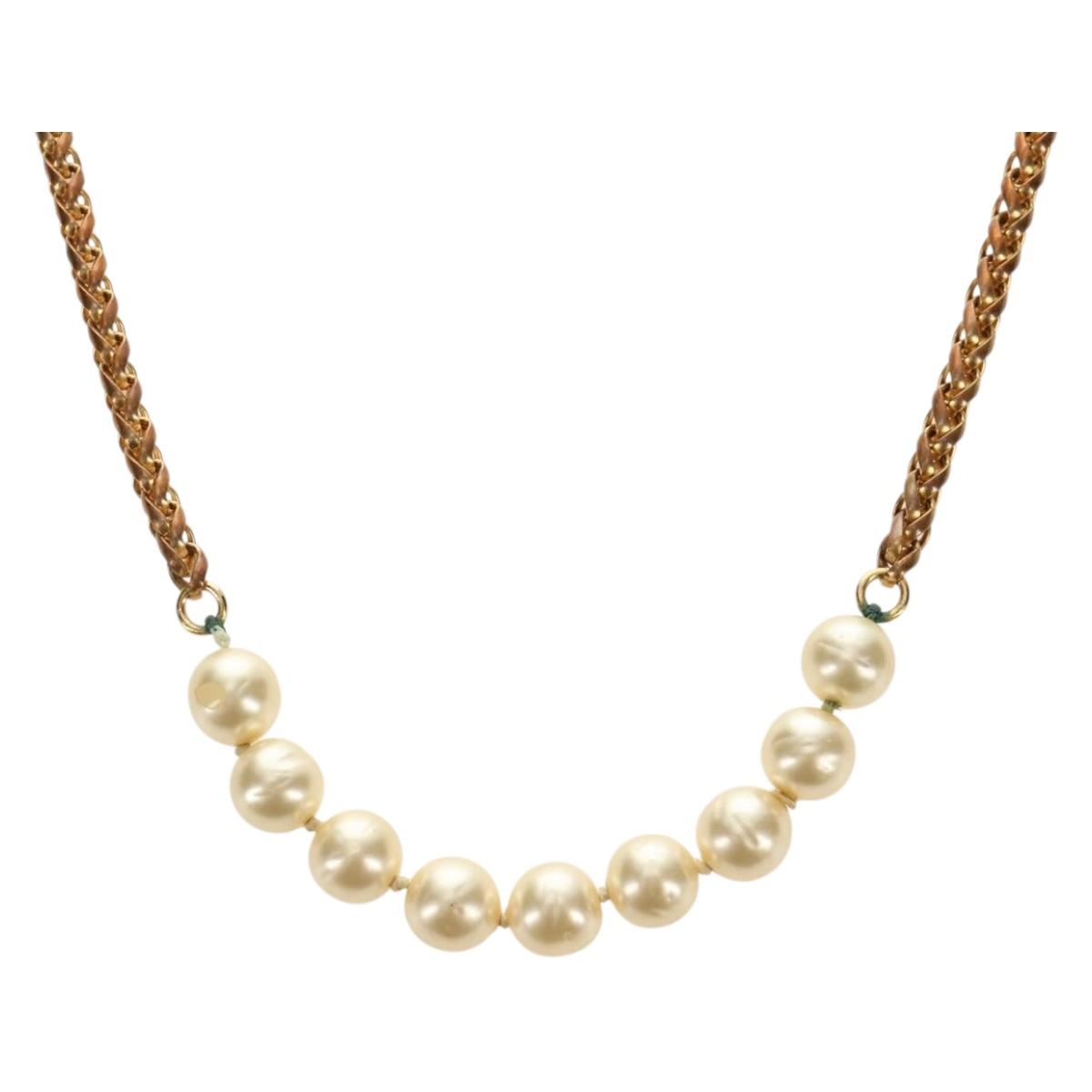 CHANEL Necklace Metal Pearl Gold White CC Auth bs35757V