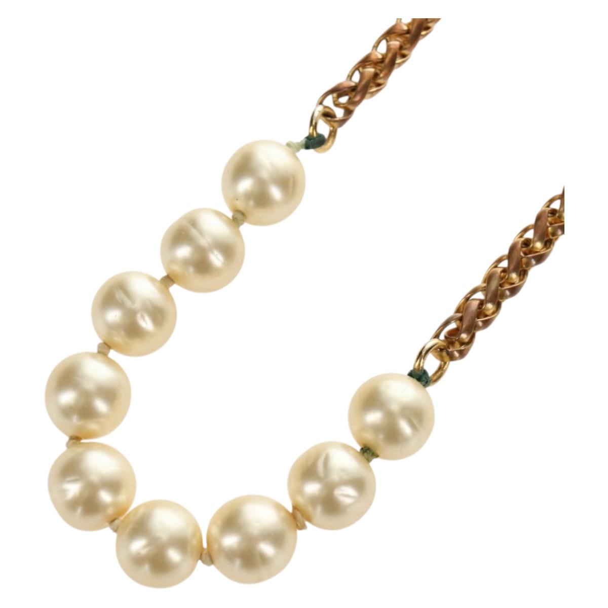CHANEL Necklace Metal Pearl Gold White CC Auth bs35757V