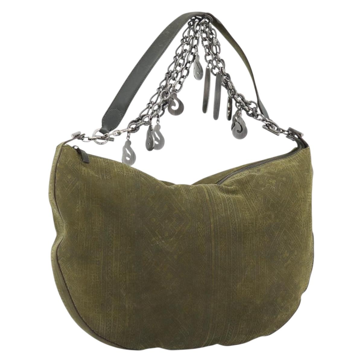 Salvatore Ferragamo Shoulder Bag Suede Green Silver Auth bs35788A