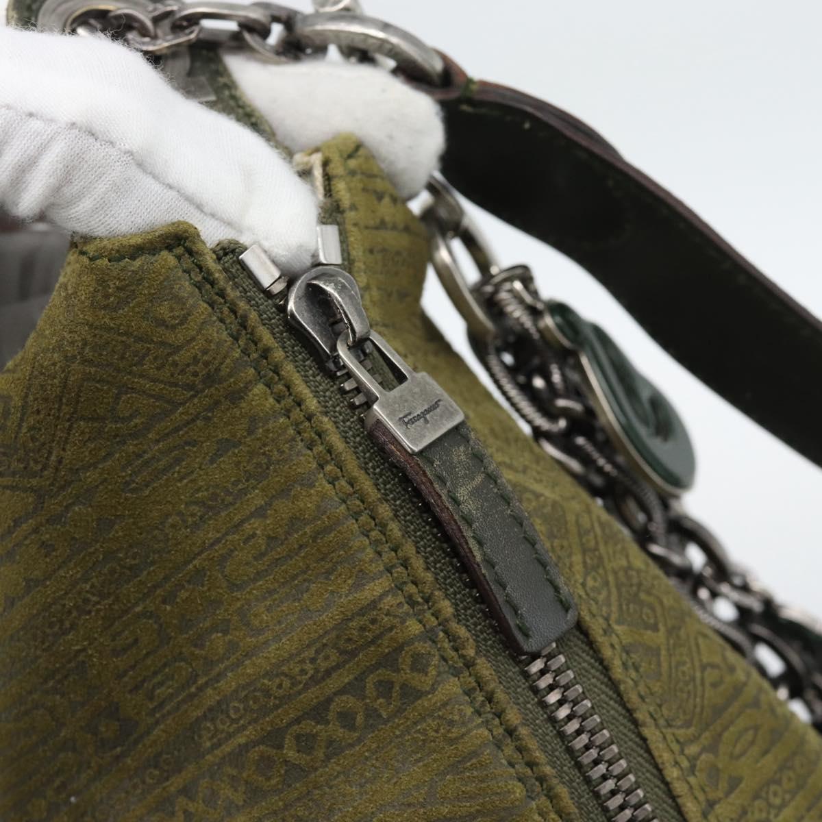 Salvatore Ferragamo Shoulder Bag Suede Green Silver Auth bs35788A