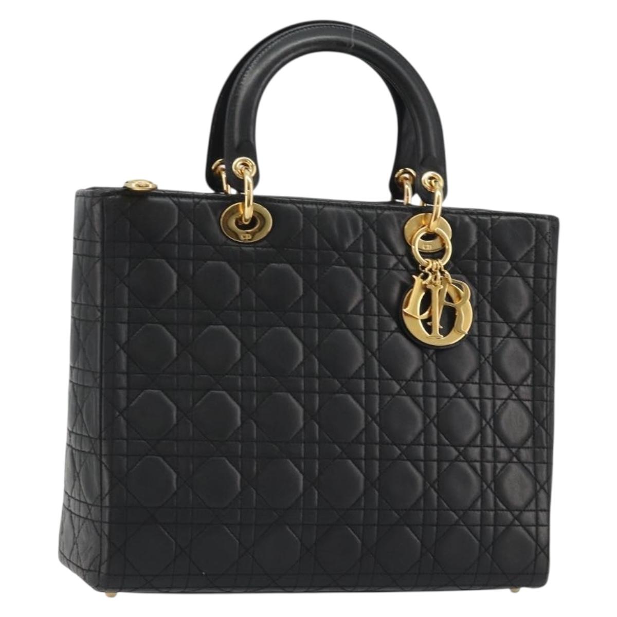 Christian Dior Lady Dior Canage Hand Bag Lamb Skin Black Gold Auth bs35805V