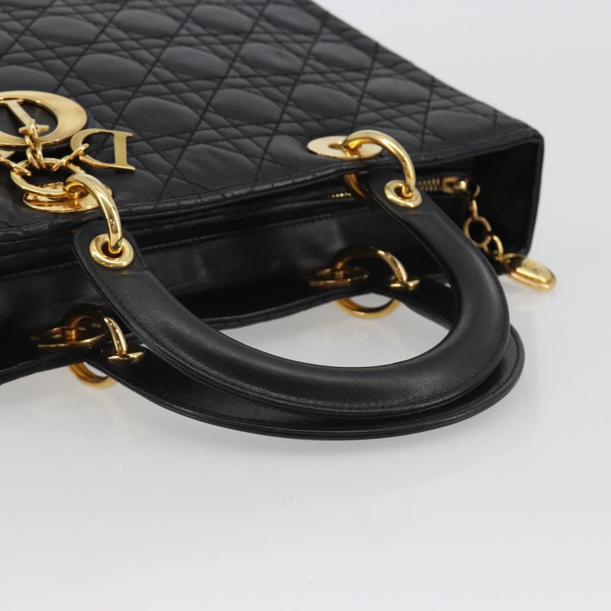 Christian Dior Lady Dior Canage Hand Bag Lamb Skin Black Gold Auth bs35805V
