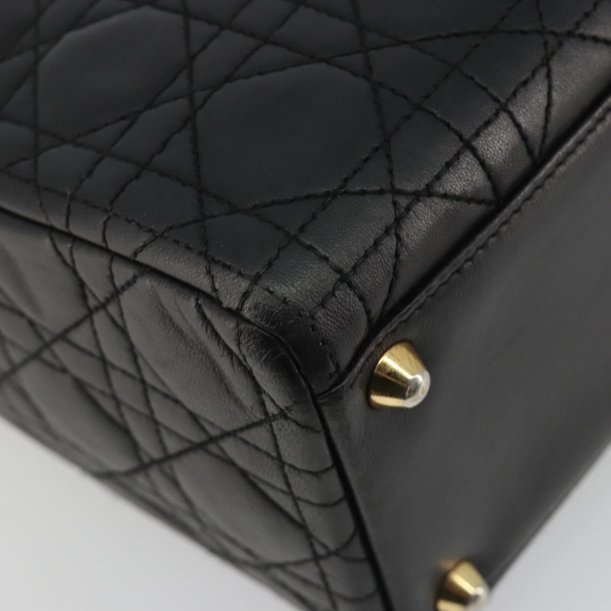 Christian Dior Lady Dior Canage Hand Bag Lamb Skin Black Gold Auth bs35805V