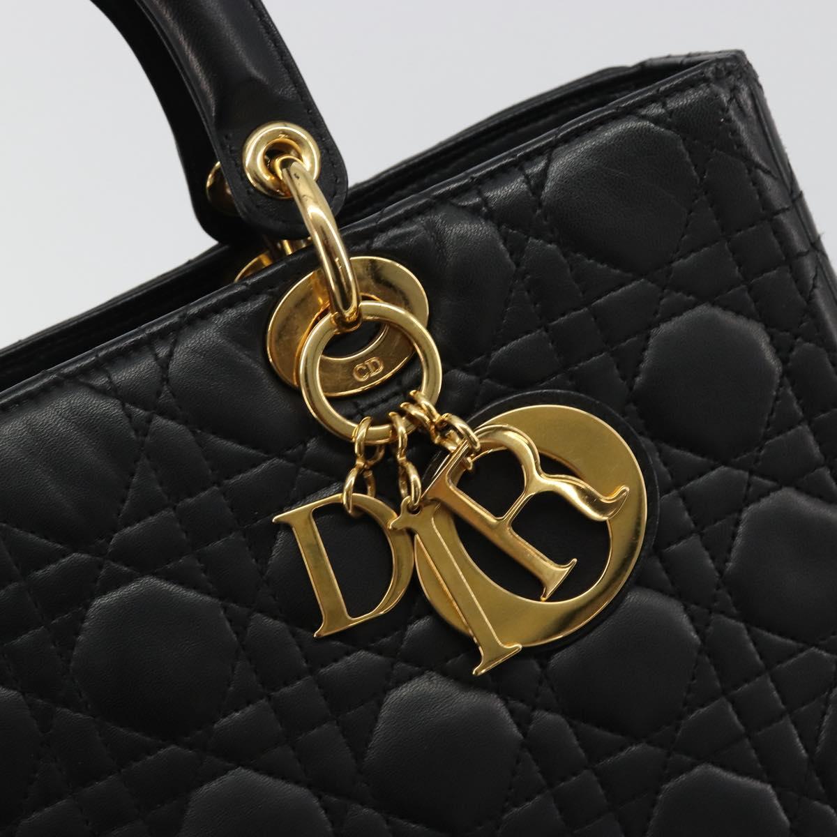 Christian Dior Lady Dior Canage Hand Bag Lamb Skin Black Gold Auth bs35805V