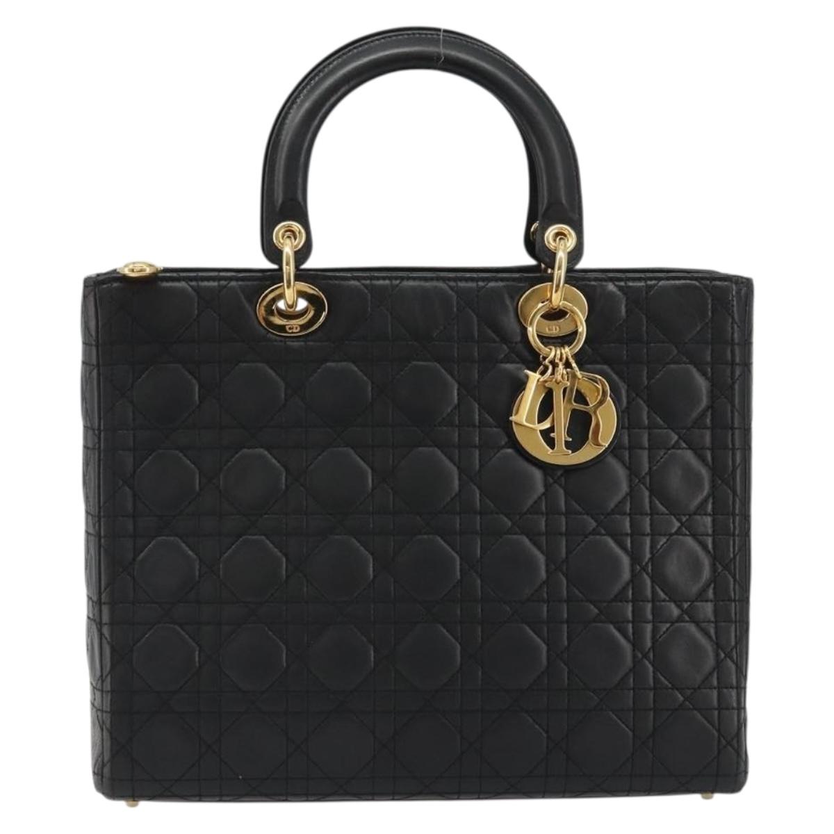 Christian Dior Lady Dior Canage Hand Bag Lamb Skin Black Gold Auth bs35805V