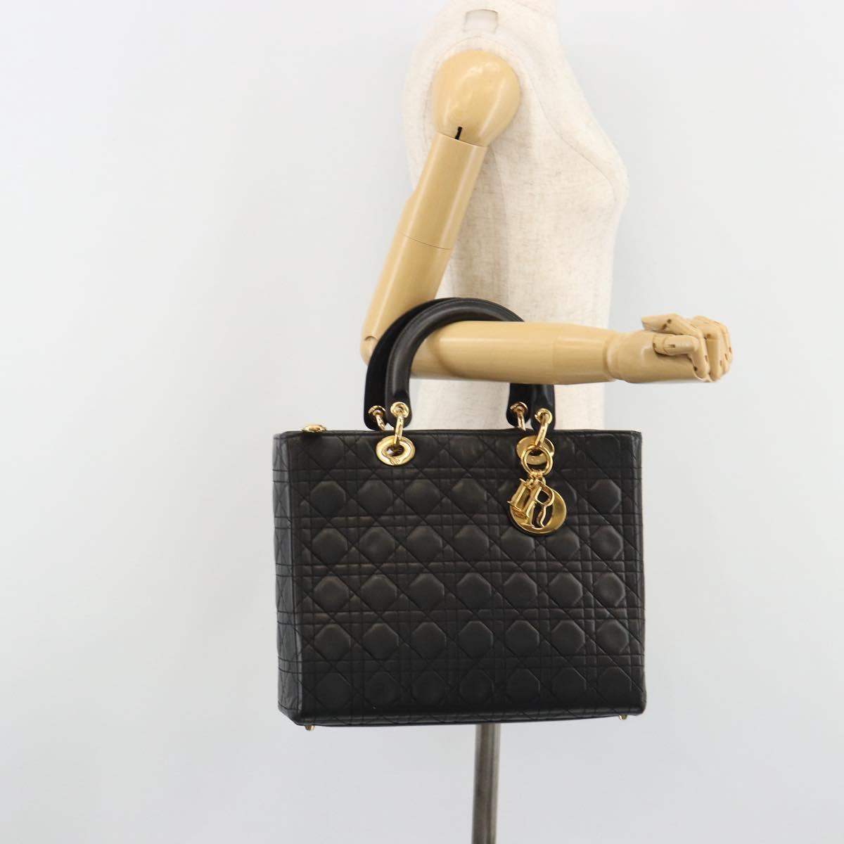 Christian Dior Lady Dior Canage Hand Bag Lamb Skin Black Gold Auth bs35805V