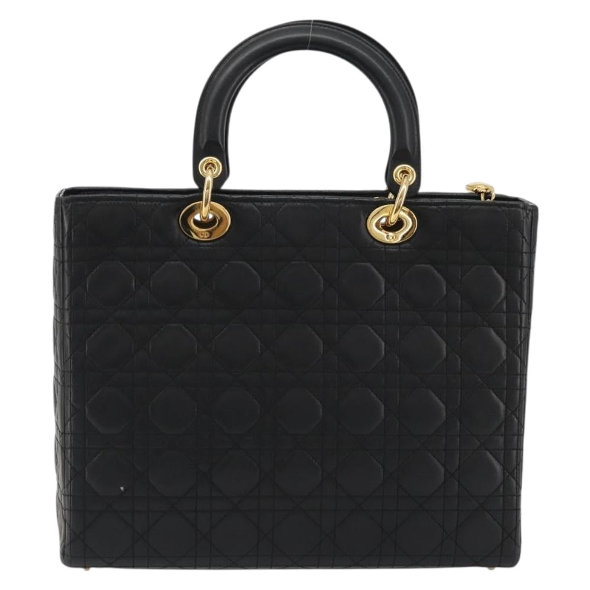 Christian Dior Lady Dior Canage Hand Bag Lamb Skin Black Gold Auth bs35805V