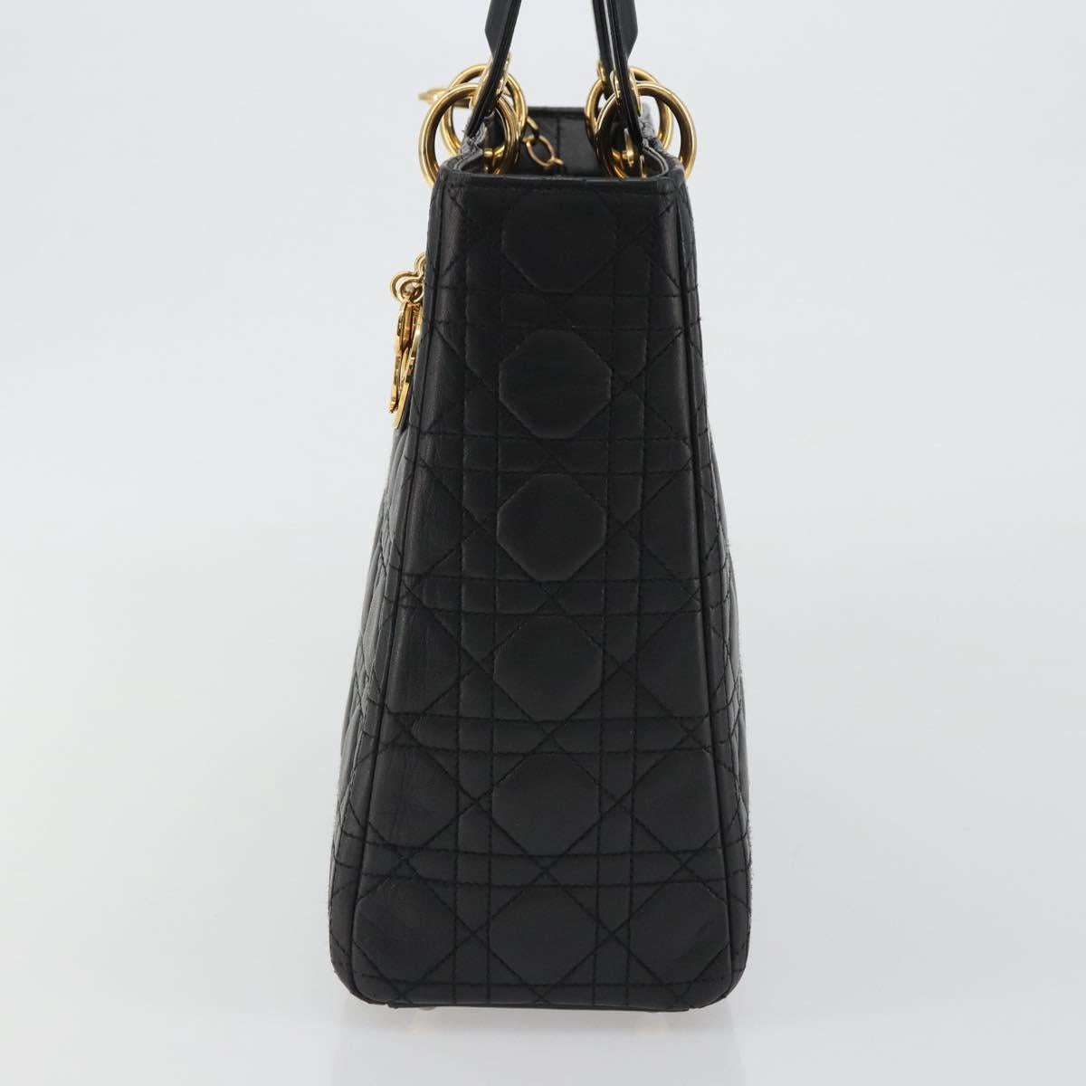 Christian Dior Lady Dior Canage Hand Bag Lamb Skin Black Gold Auth bs35805V