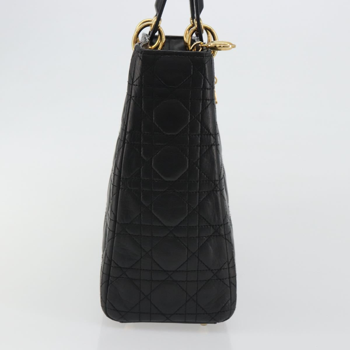 Christian Dior Lady Dior Canage Hand Bag Lamb Skin Black Gold Auth bs35805V