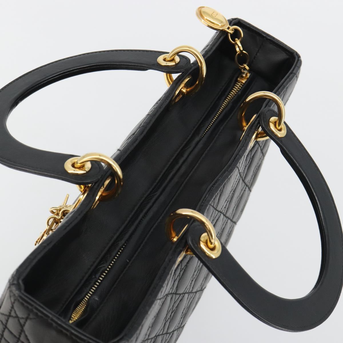 Christian Dior Lady Dior Canage Hand Bag Lamb Skin Black Gold Auth bs35805V