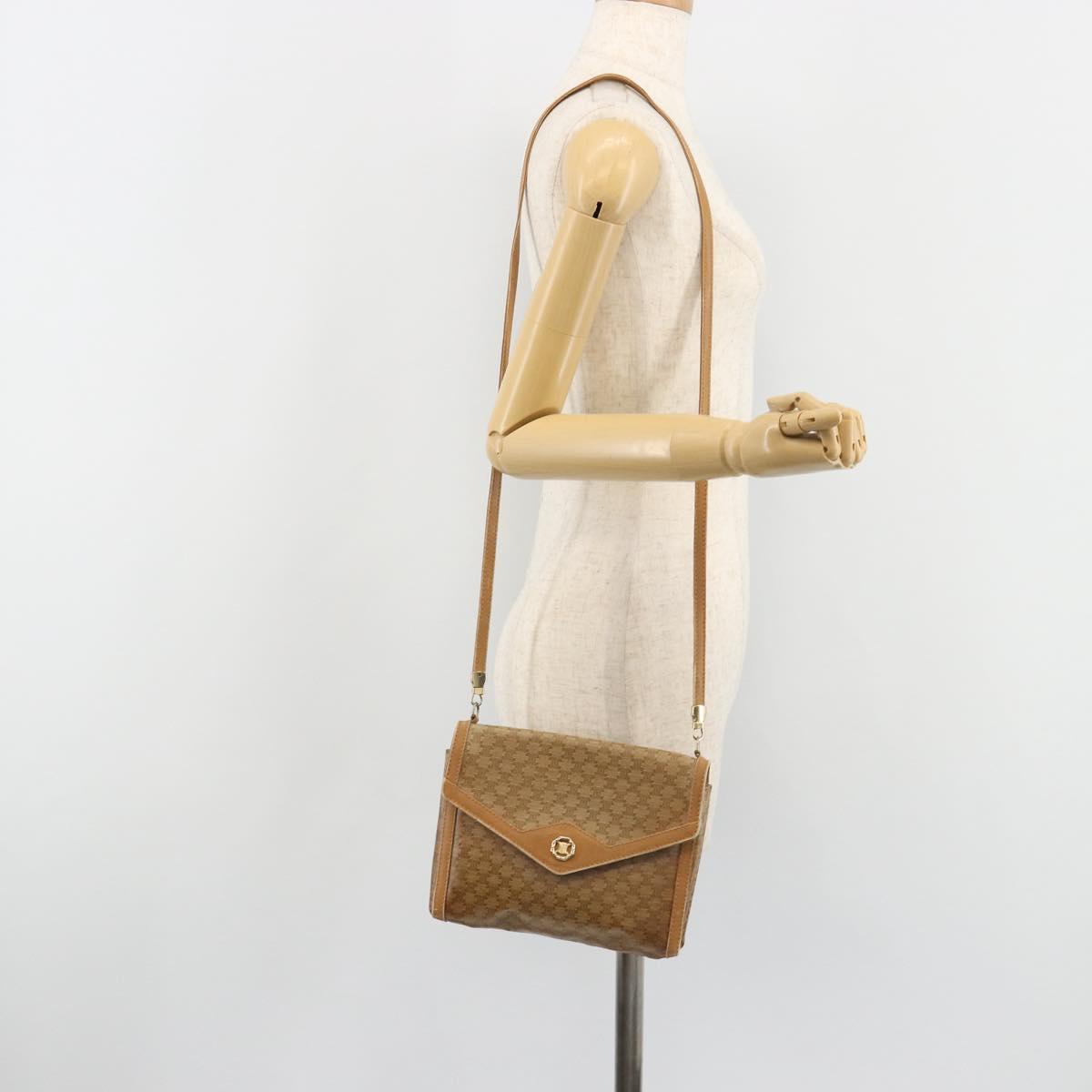 CELINE Macadam Shoulder Bag PVC Leather Beige Gold Auth bs35806