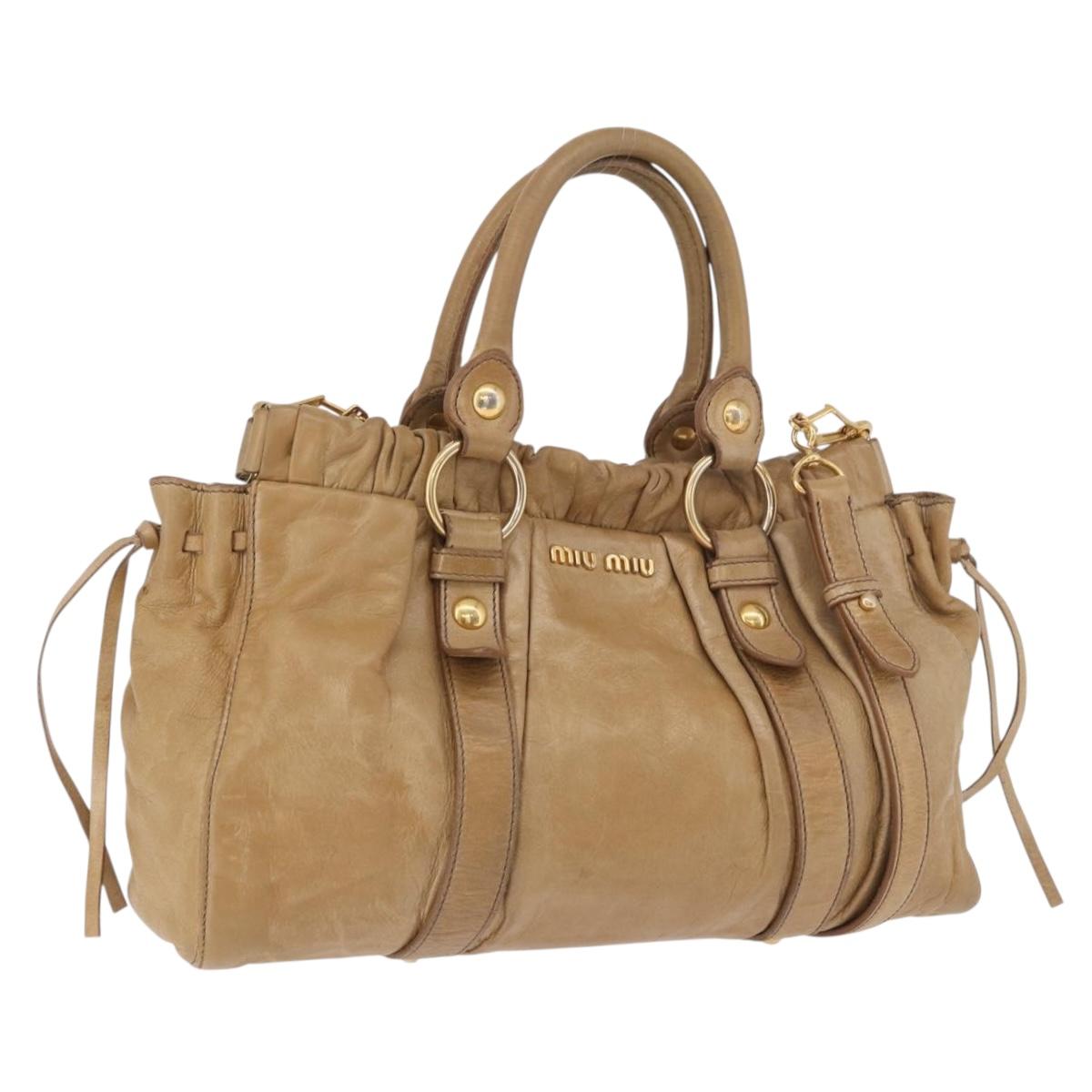 Miu Miu Hand Bag Leather 2way Beige Gold Auth bs35814