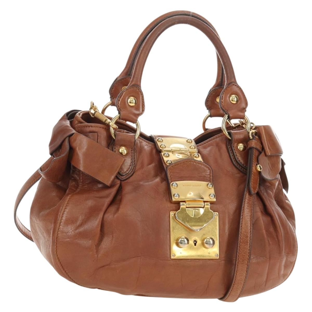 Miu Miu Side Ribbon Hand Bag Leather 2way Brown Gold Auth bs35815V