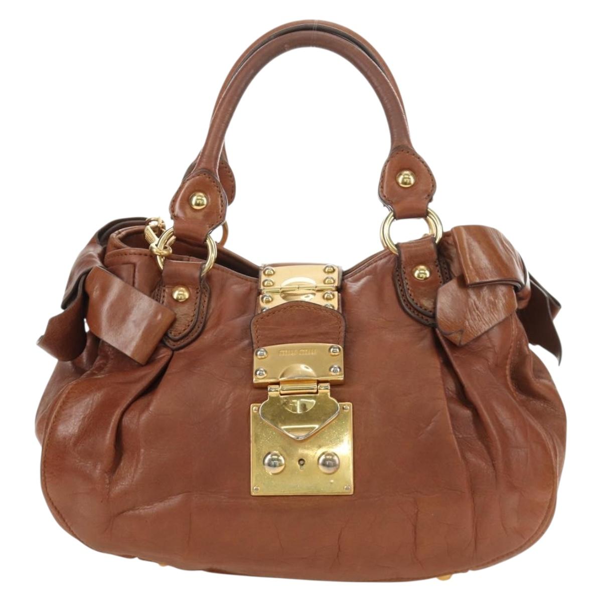 Miu Miu Side Ribbon Hand Bag Leather 2way Brown Gold Auth bs35815V