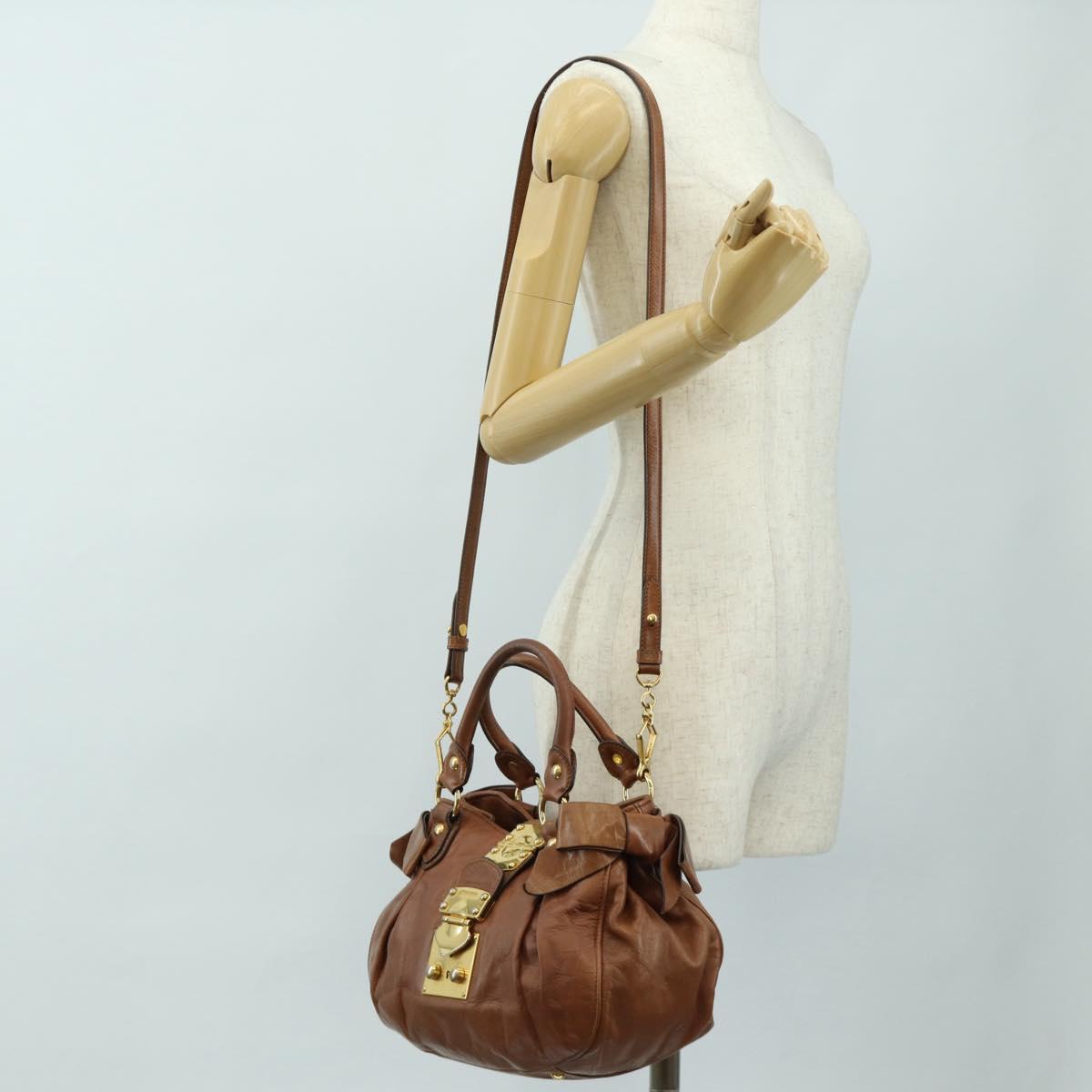 Miu Miu Side Ribbon Hand Bag Leather 2way Brown Gold Auth bs35815V