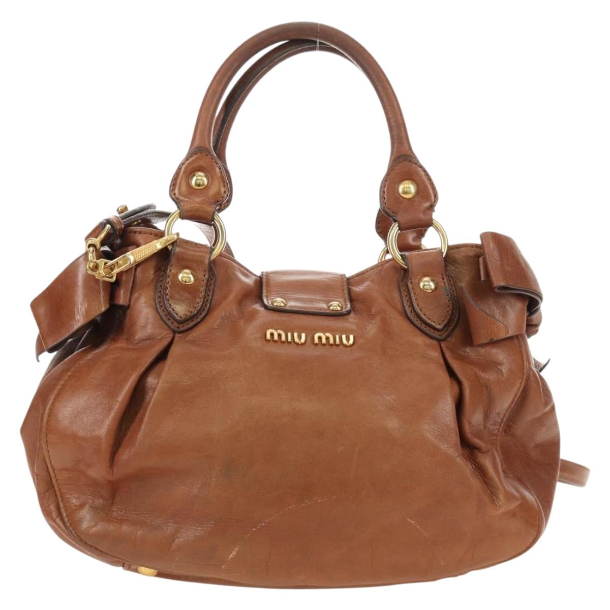 Miu Miu Side Ribbon Hand Bag Leather 2way Brown Gold Auth bs35815V