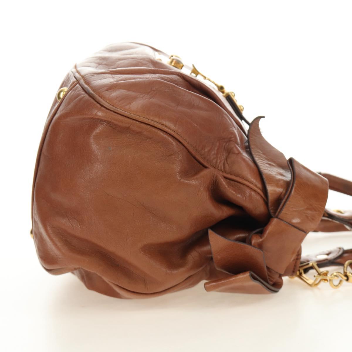 Miu Miu Side Ribbon Hand Bag Leather 2way Brown Gold Auth bs35815V