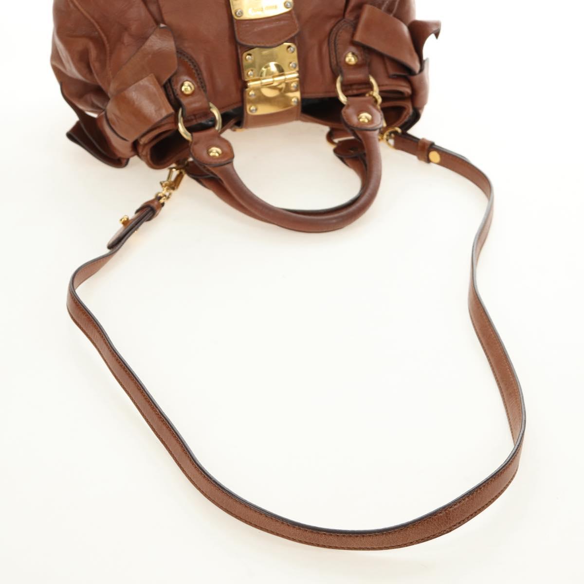 Miu Miu Side Ribbon Hand Bag Leather 2way Brown Gold Auth bs35815V