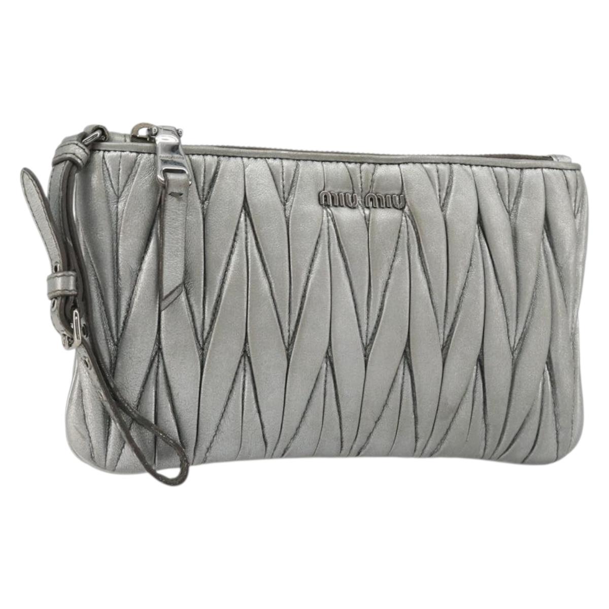 Miu Miu Clutch Bag Leather Silver Auth bs35816A