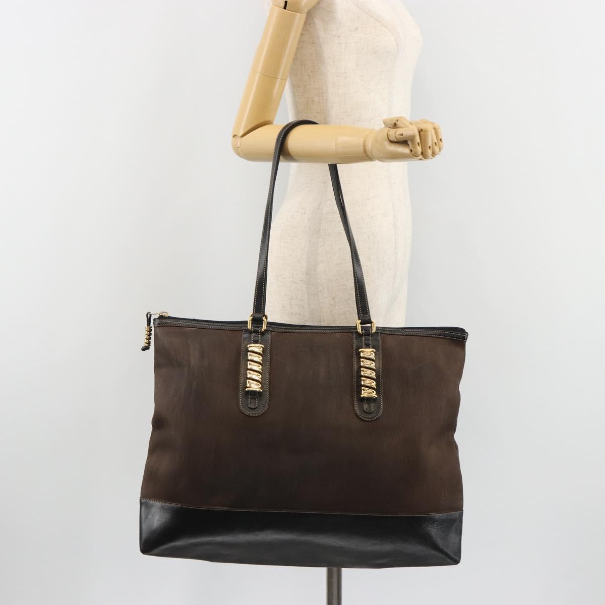 LOEWE Tote Bag Leather Dark Brown Gold Auth bs35829A