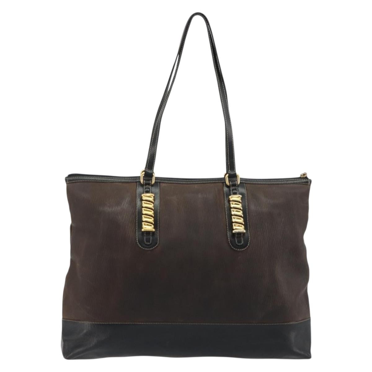 LOEWE Tote Bag Leather Dark Brown Gold Auth bs35829A