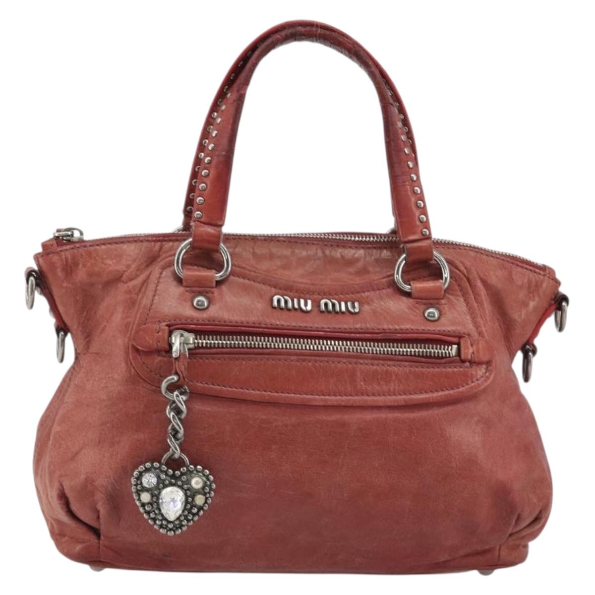Miu Miu Hand Bag Leather Red Silver Auth bs35836