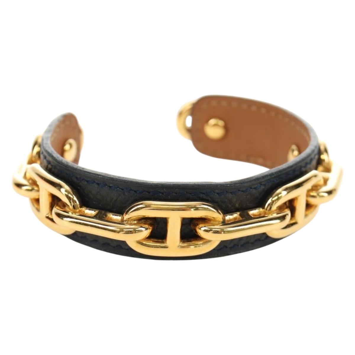 HERMES Chaine d'Ancre Bracelet Metal Leather Gold Navy Auth bs35860M
