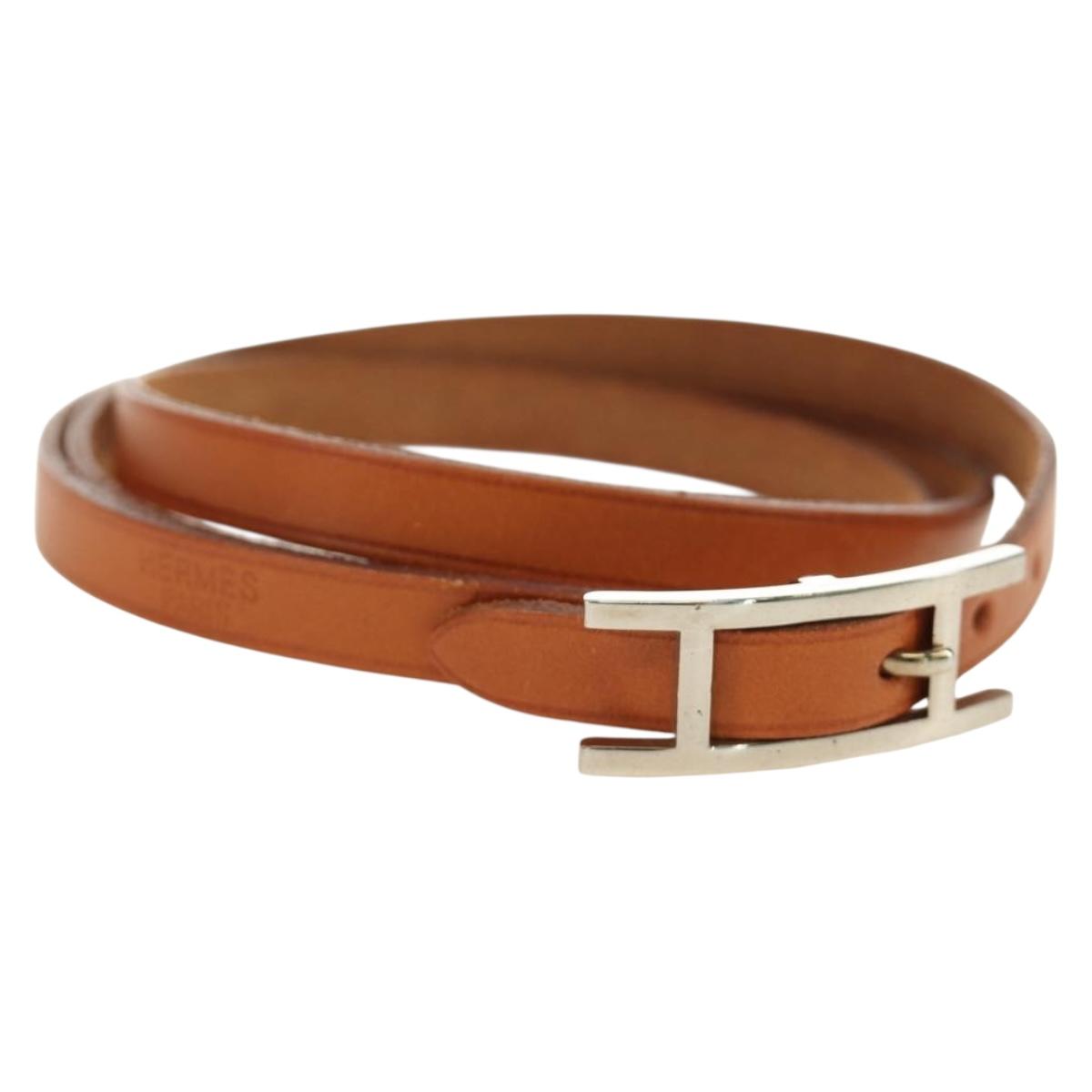 HERMES Appi 3 Bracelet Leather Brown Silver Auth bs35862M