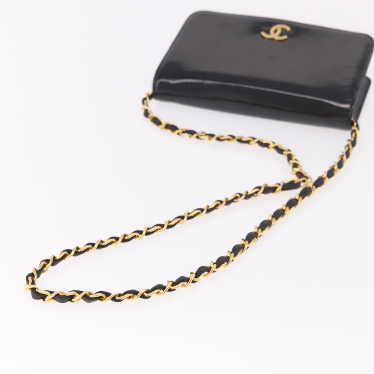 CHANEL Chain Shoulder Bag Patent Black Gold CC Auth bs35869
