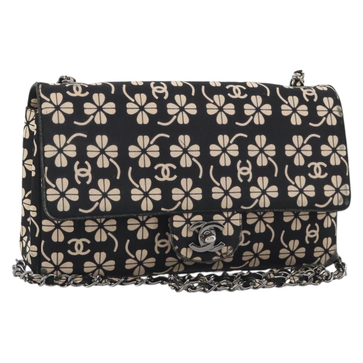 CHANEL Chain Shoulder Bag Canvas Black Silver CC Auth bs35870