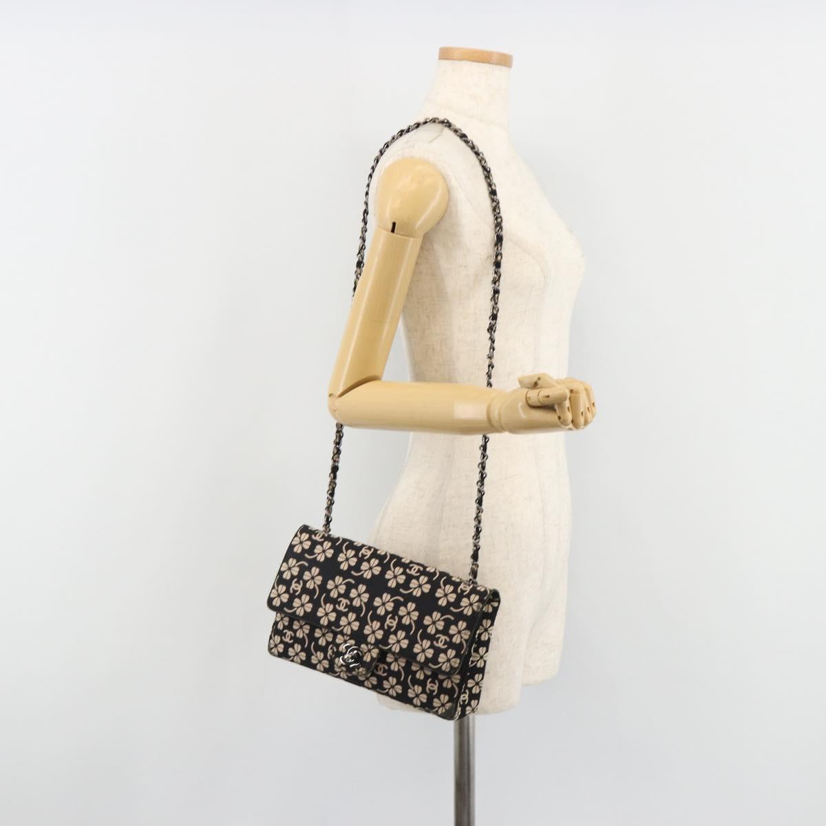 CHANEL Chain Shoulder Bag Canvas Black Silver CC Auth bs35870