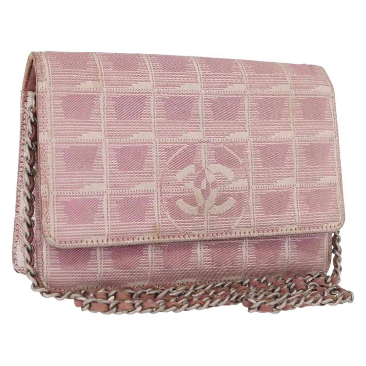 CHANEL New Travel Line Chain Shoulder Wallet Canvas Pink Silver CC Auth bs35874