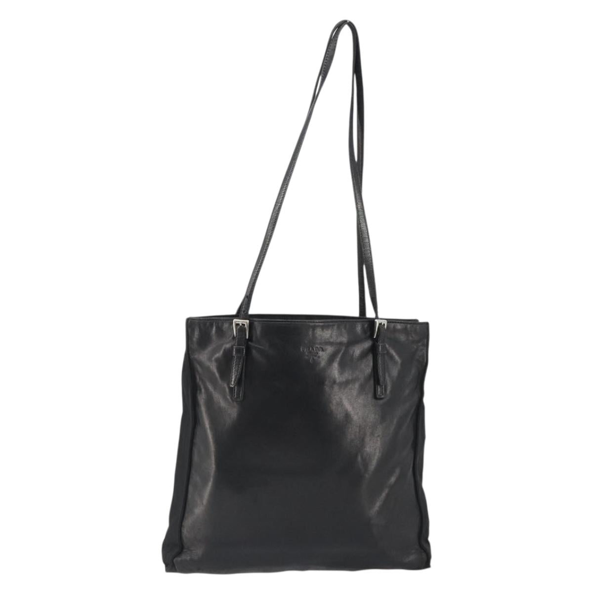 PRADA Tote Bag Leather Black Silver Auth bs35877