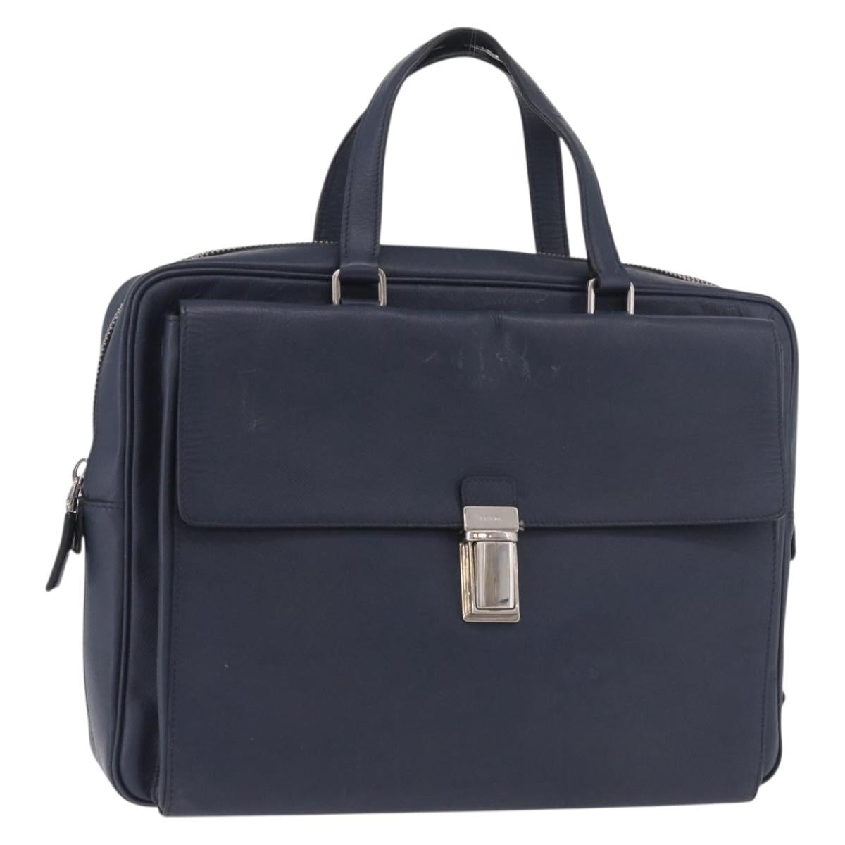 PRADA Business Bag Saffiano leather Blue Silver Auth bs35878