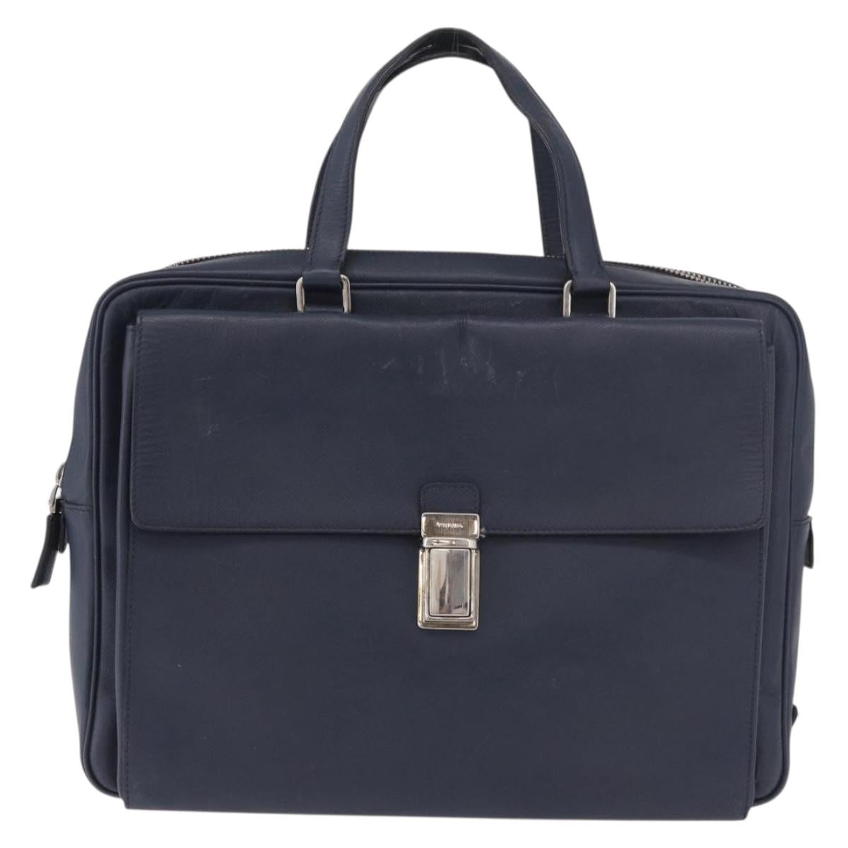 PRADA Business Bag Saffiano leather Blue Silver Auth bs35878