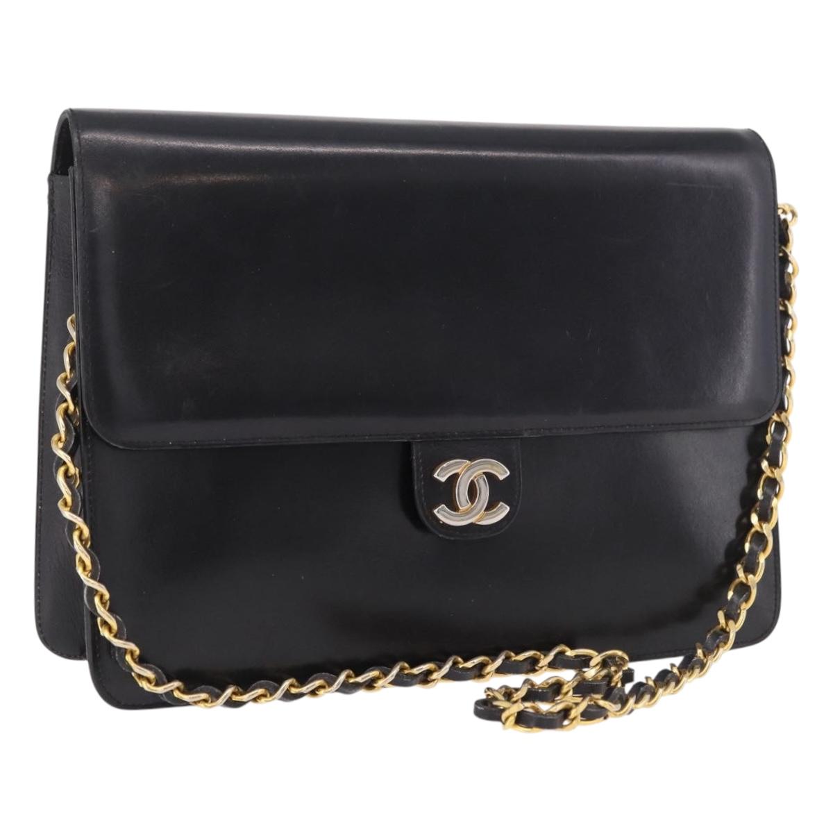 CHANEL Chain Shoulder Bag Leather Black Gold CC Auth bs35887