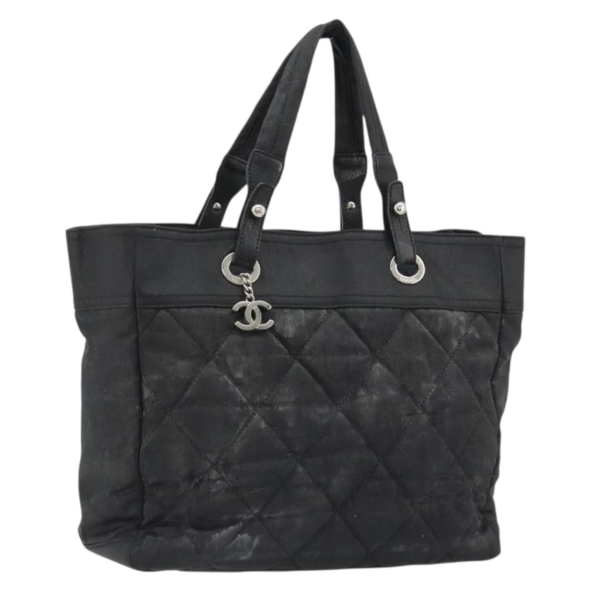 CHANEL Matelasse Hand Bag Coated Canvas Black Silver CC Auth bs35892