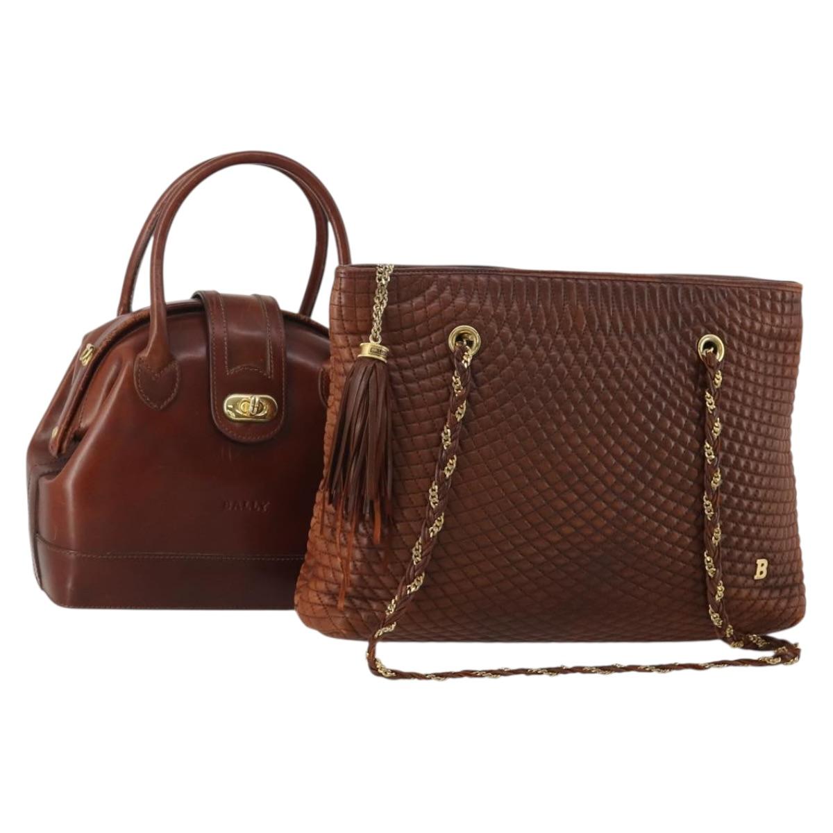 BALLY Hand Bag Leather 2 Set Brown Gold Auth bs35899