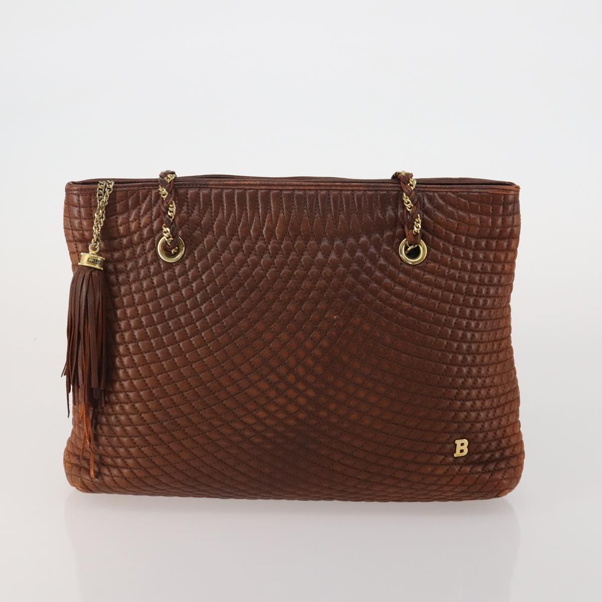 BALLY Hand Bag Leather 2 Set Brown Gold Auth bs35899
