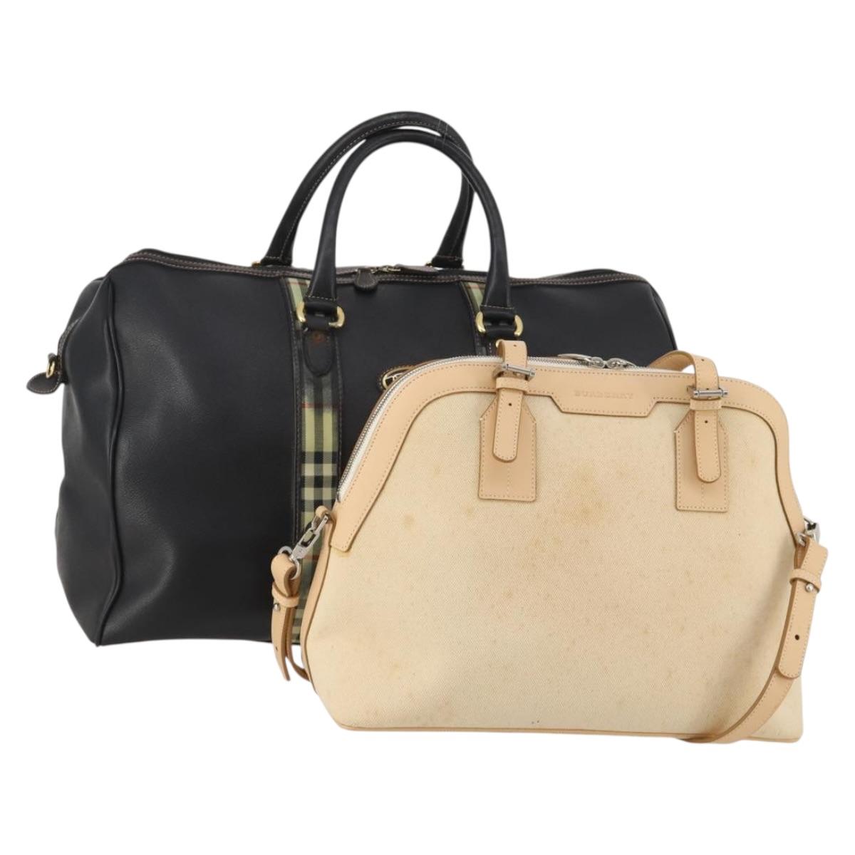 BURBERRY Boston Bag Leather Canvas 2 Set Black Beige Auth bs35900
