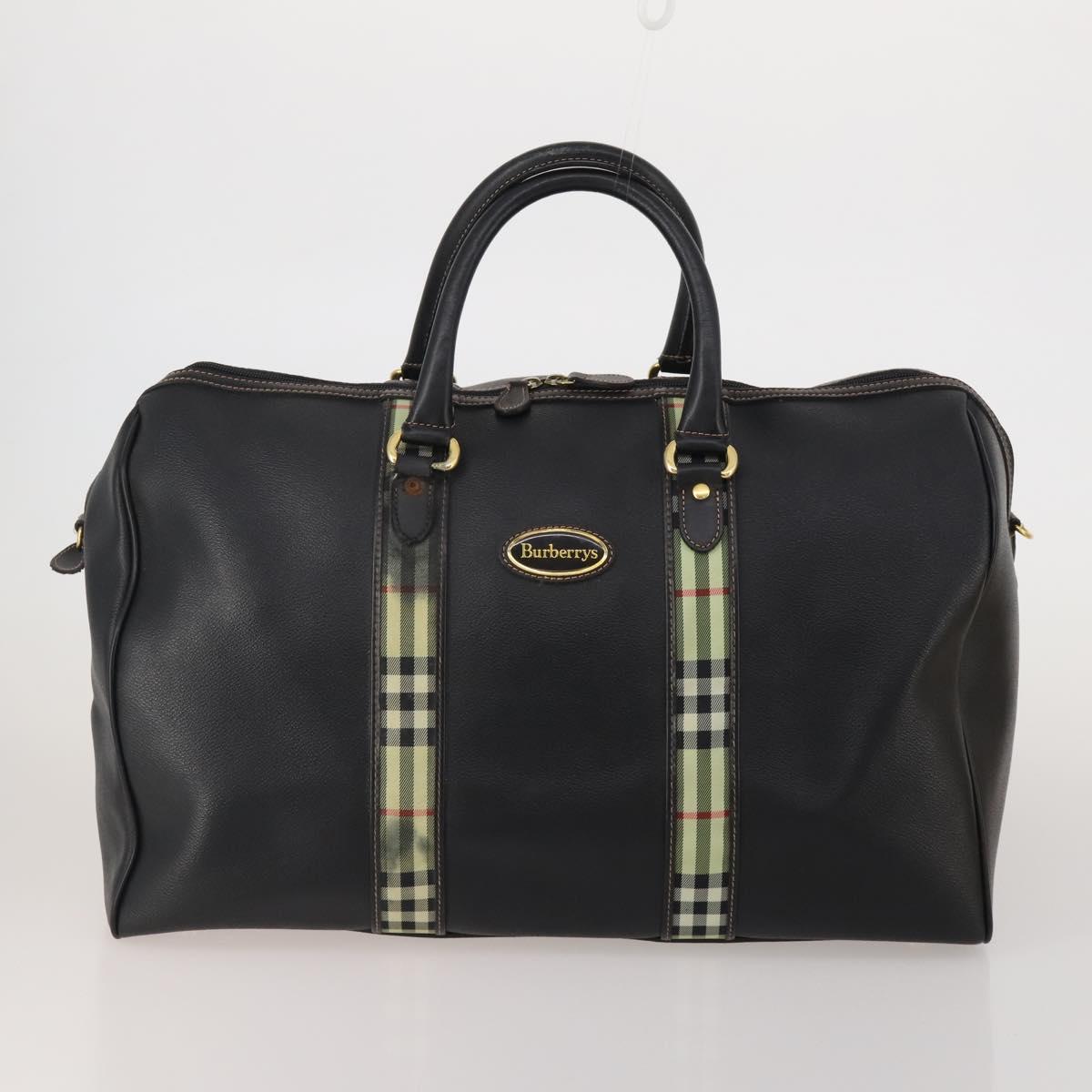 BURBERRY Boston Bag Leather Canvas 2 Set Black Beige Auth bs35900