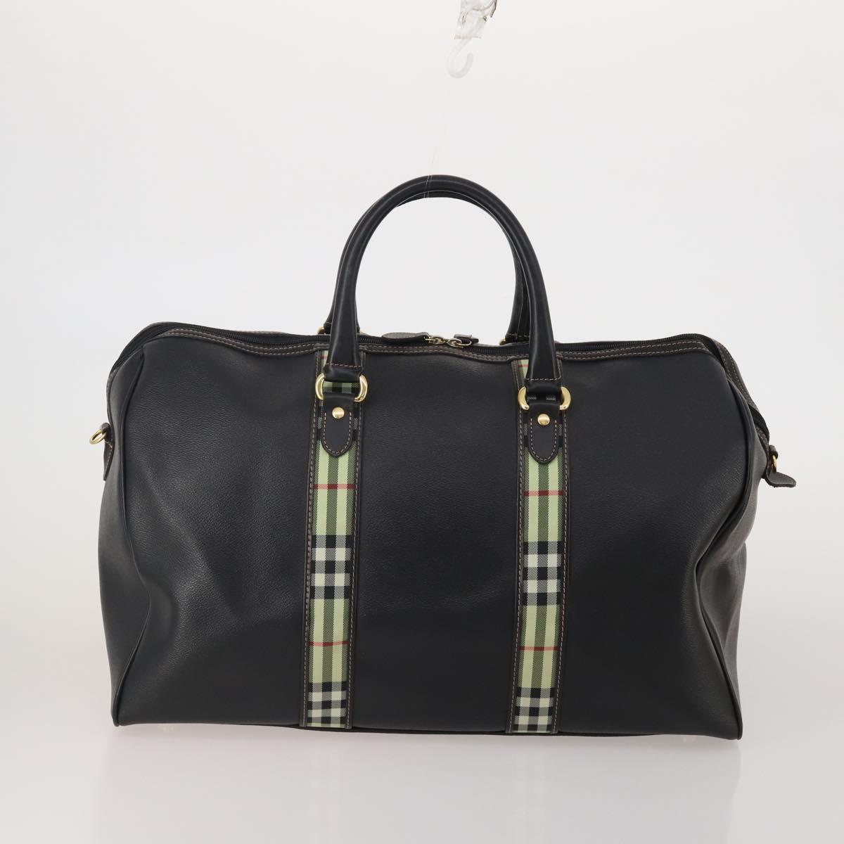 BURBERRY Boston Bag Leather Canvas 2 Set Black Beige Auth bs35900