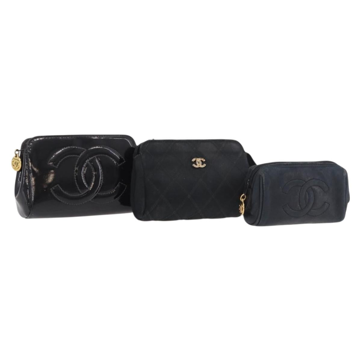 CHANEL Pouch Leather Satin Patent 3 Set Black CC Auth bs35903