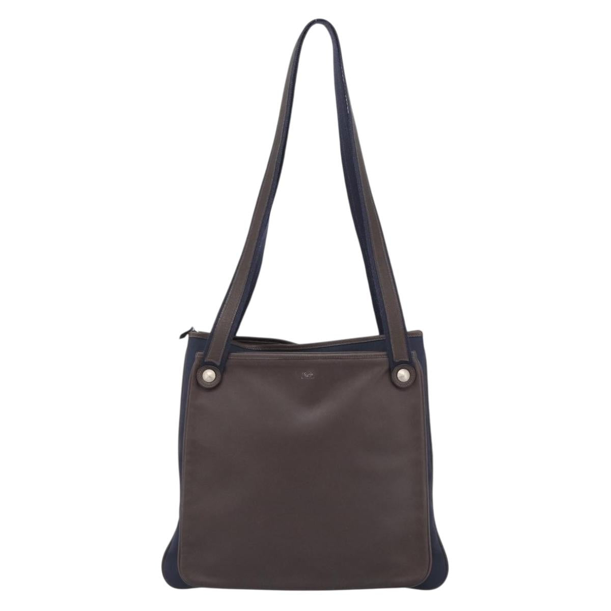 HERMES Mrs. Hippies Shoulder Bag Leather Navy Dark Brown Auth bs35909V